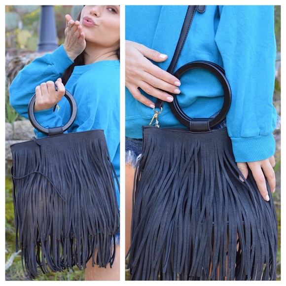 Suede Fringe Bag with Wooden Handles - Picture 5 of 8